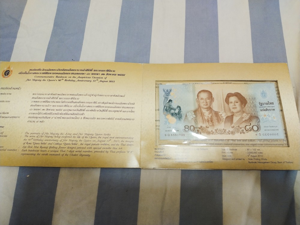 700.-ธนบัตรที่ระลึกพระราชินีพันปีหลวงในรัชกาลที่ 9 มูลค่า 80 บาทจำนวน 1 ฉบับ ปี2555 เลข8551735