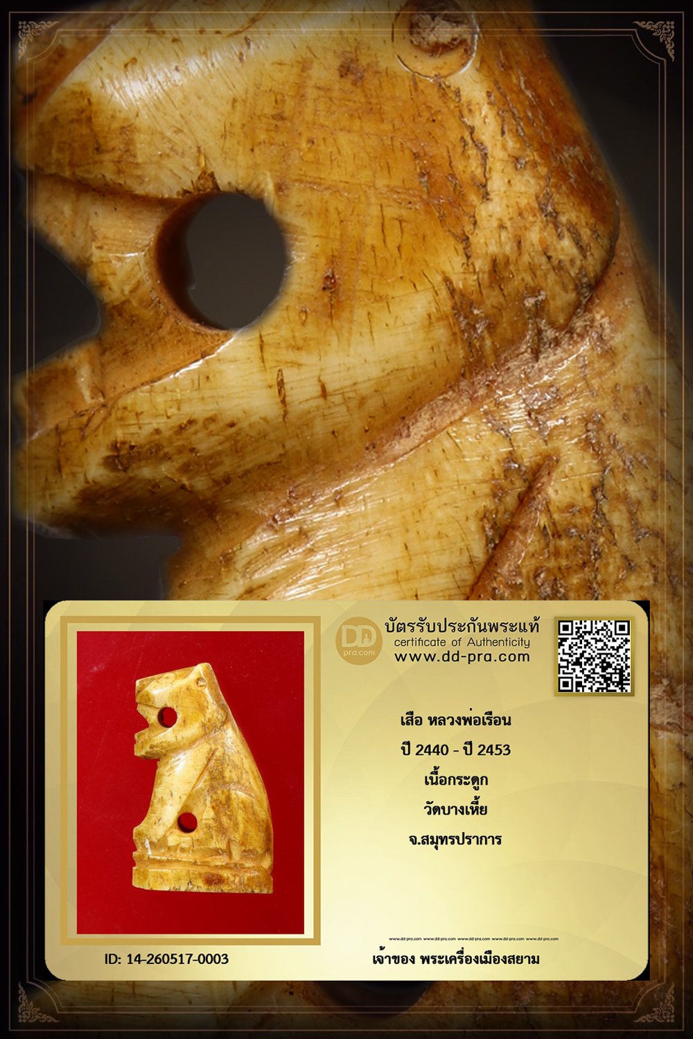 +++ เริ่มประมูล พระแท้ๆ เริ่ม 40 บาท ครับ +++ เสือ หลวงพ่อเรือน (ยุคต้น) ปี 2440 - ปี 2453 เนื้อกระดูกเสือ วัดบางเหี้ย จ.สมุทรปราการหายากมาก ครับ ข้อมูลตามบัตรรับประกัน +++