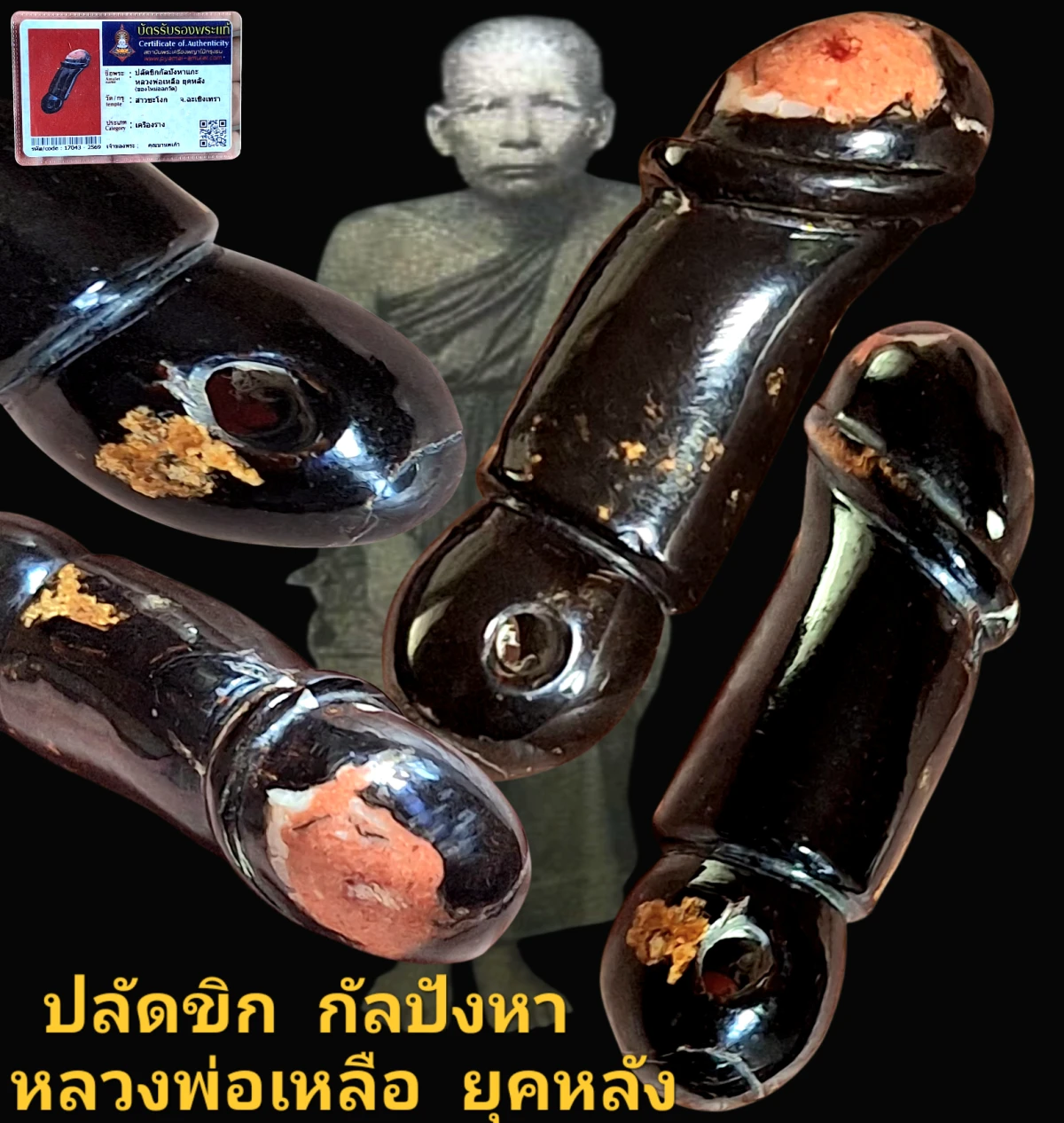 ปลัดขิกกัลปังหาแกะ หลวงพ่อเหลือยุคหลัง วัดสาวชะโงก จังหวัดฉะเชิงเทรา เนื้อกัลปังหา พร้อมใบรับรอง