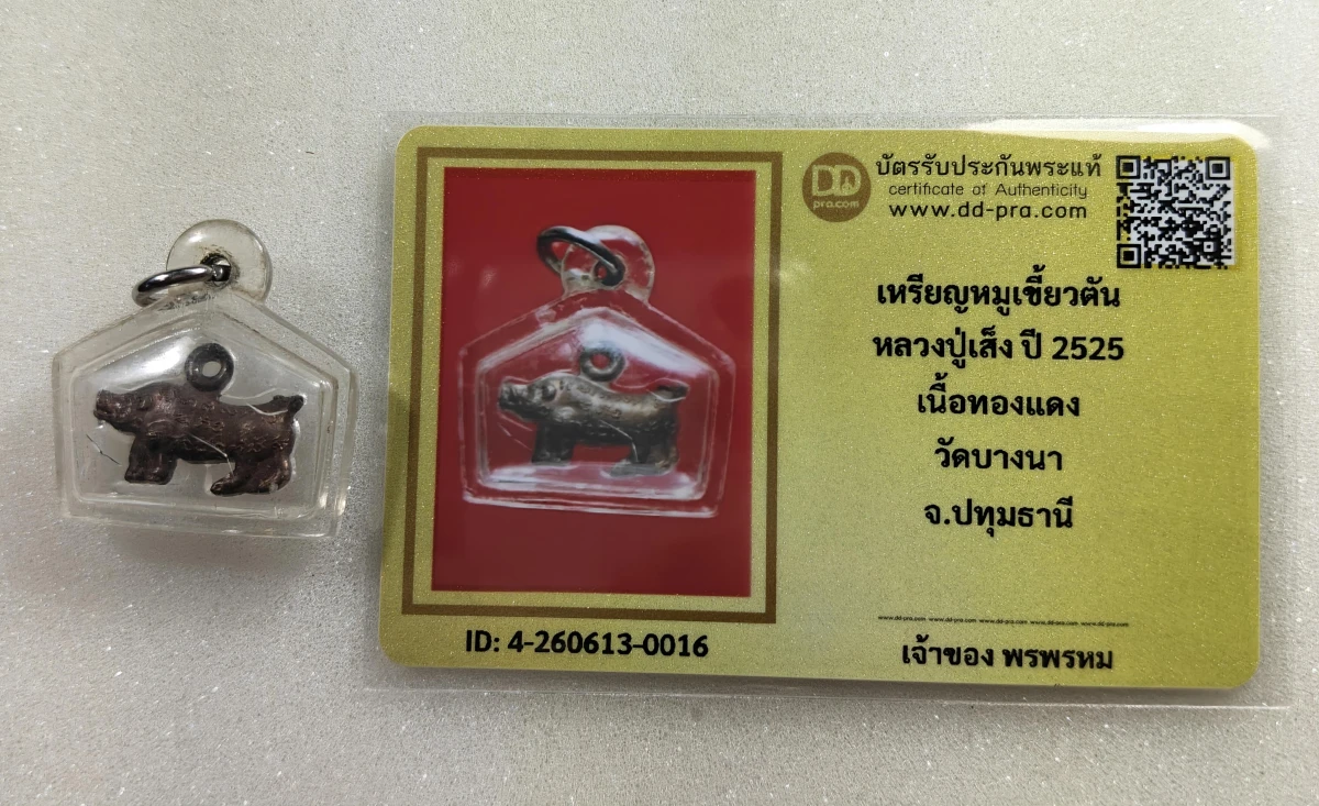 เคาะเดียว...เหรียญหมูเขี้ยวตันหลวงพ่อเส็ง ปี 2525 เนื้อทองแดงรมดำ วัดบางนา จ.ปทุมธานีพร้อมบัตรรับรอง DD pra