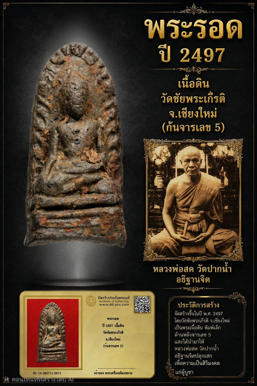 +++ เริ่มประมูล พระแท้ๆ 40 ครับ หายากมาก ครับ วัดใจให้ครับ พระรอด ปี 2497 เนื้อดิน วัดชัยพระเกีรติ จ.เชียงใหม่ (ก้นจารเลข 5) ทุนมาแพง *** ตัวจริงเสียงจริง *** แท้ดูง่ายครับ +++ ข้อมูลตามบัตรรับประกัน +++
