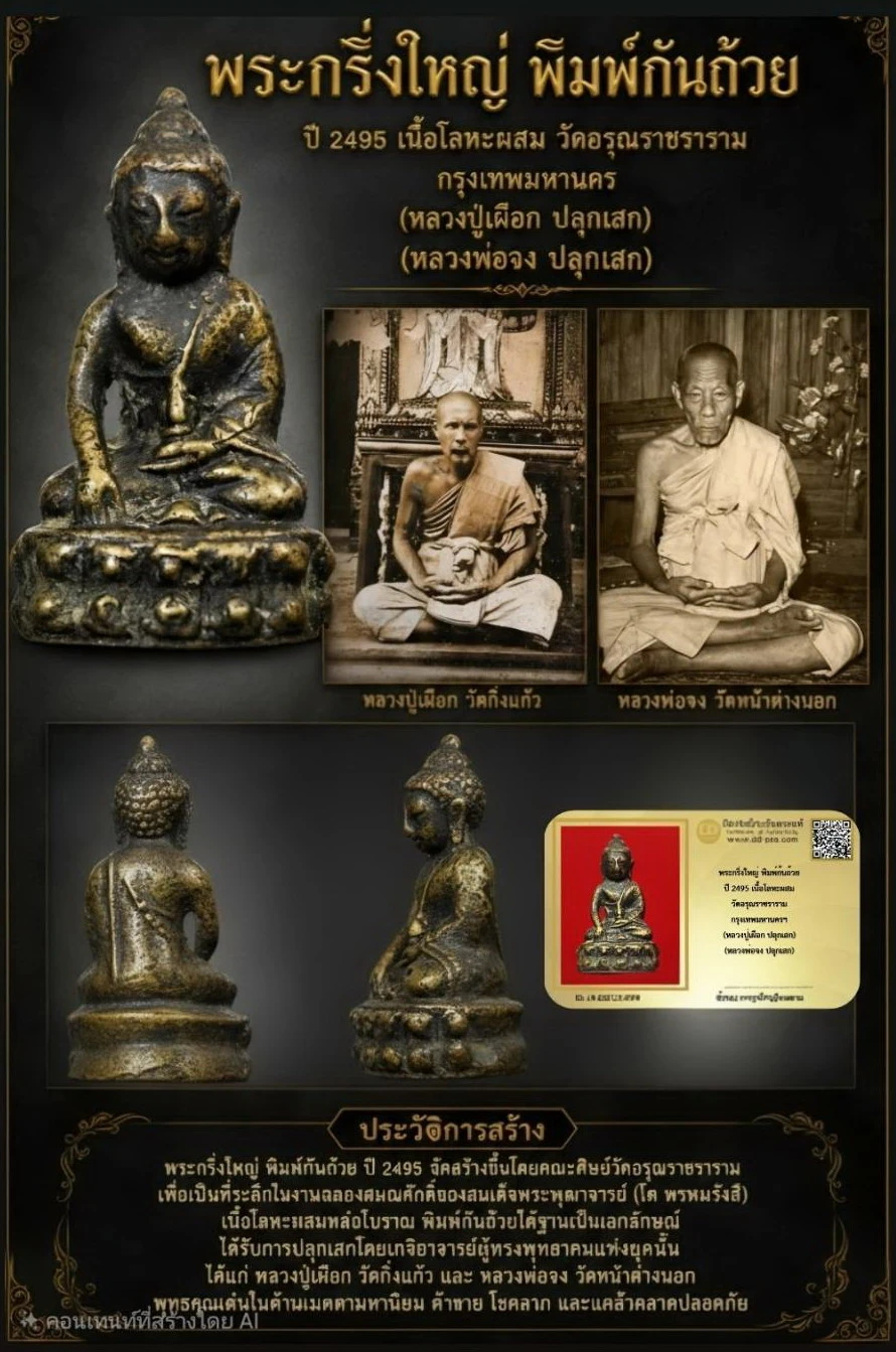 +++ เริ่มประมูล พระแท้ๆ 40 ครับ หายากมาก ครับ พระกริ่งใหญ่ พิมพ์ก้นถ้วย ปี 2495 เนื้อโลหะผสม วัดอรุณราชราราม กรุงเทพมหานครฯ (หลวงปู่เผือก ปลุกเสก) (หลวงพ่อจง ปลุกเสก) วัดใจให้ครับ ทุนมาแพง  ตัวจริงเสียงจริง *** แท้ดูง่ายครับ +++ ข้อมูลตามบัตรรับประกัน +++