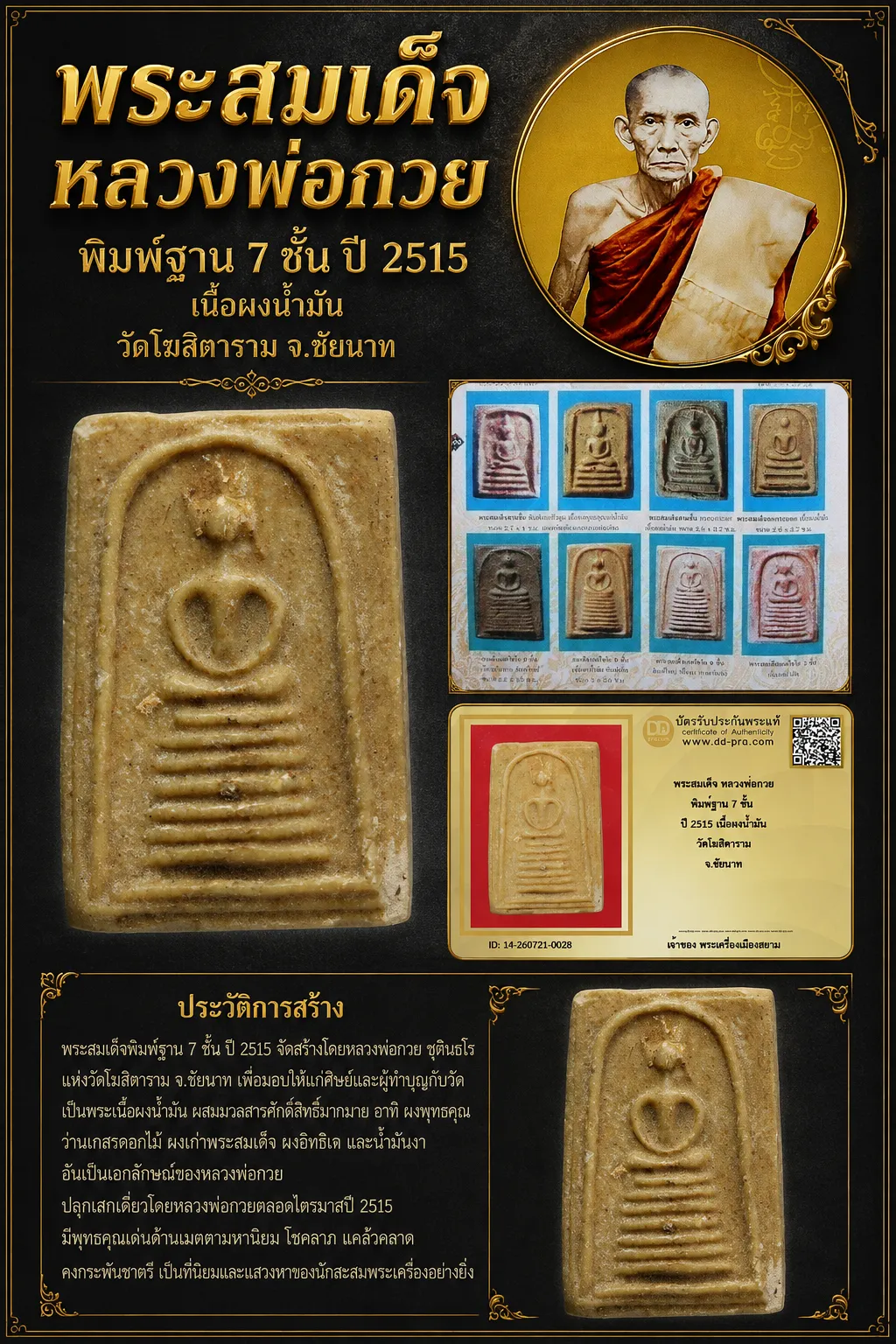+++ เริ่มประมูล พระแท้ๆ 40 ครับ หายากมาก ครับ พระสมเด็จ หลวงพ่อกวย พิมพ์ฐาน 7 ชั้น ปี 2515 เนื้อผงน้ำมัน วัดโฆสิตาราม จ.ชัยนาท วัดใจให้ครับ ทุนมาแพง *** ตัวจริงเสียงจริง *** แท้ดูง่ายครับ +++ ข้อมูลตามบัตรรับประกัน +++