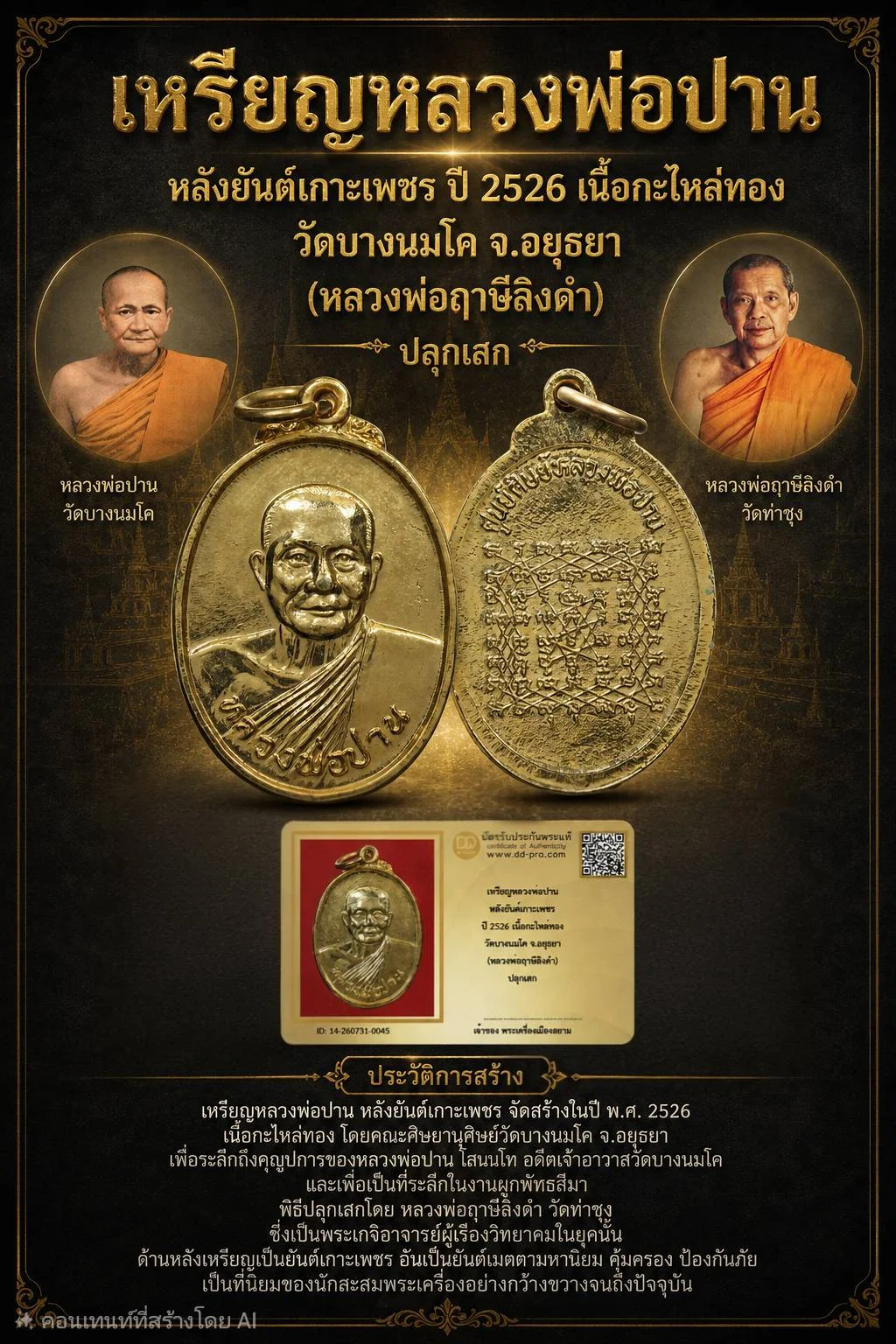+++ เริ่มประมูล พระแท้ๆ 40 ครับ หายากมาก ครับ เหรียญหลวงพ่อปาน หลังยันต์เกาะเพชร ปี 2526 เนื้อกะไหล่ทอง วัดบางนมโค จ.อยุธยา (หลวงพ่อฤาษีลิงดำ) ปลุกเสก วัดใจให้ครับ ทุนมาแพง *** ตัวจริงเสียงจริง *** แท้ดูง่ายครับ +++ ข้อมูลตามบัตรรับประกัน +++