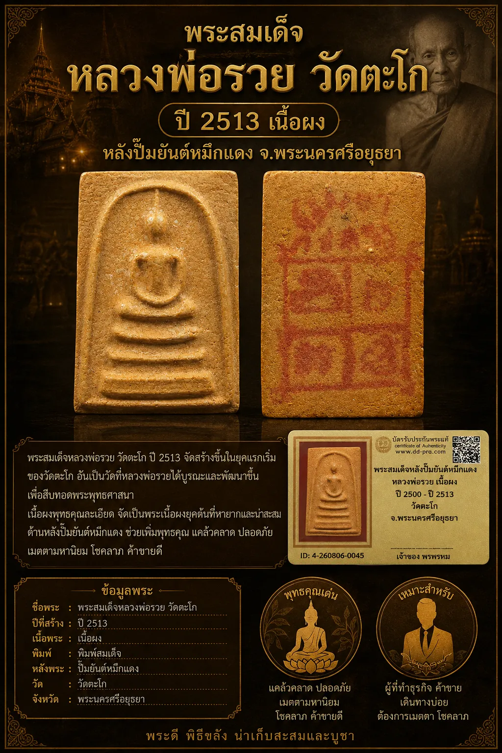 เคาะเดียว.....พระสมเด็จหลวงพ่อรวย วัดตะโก ปี 2513 เนื้อผงหลังปั๊มยันต์หมึก จ.อยุธยาพร้อมบัตรรับรอง
