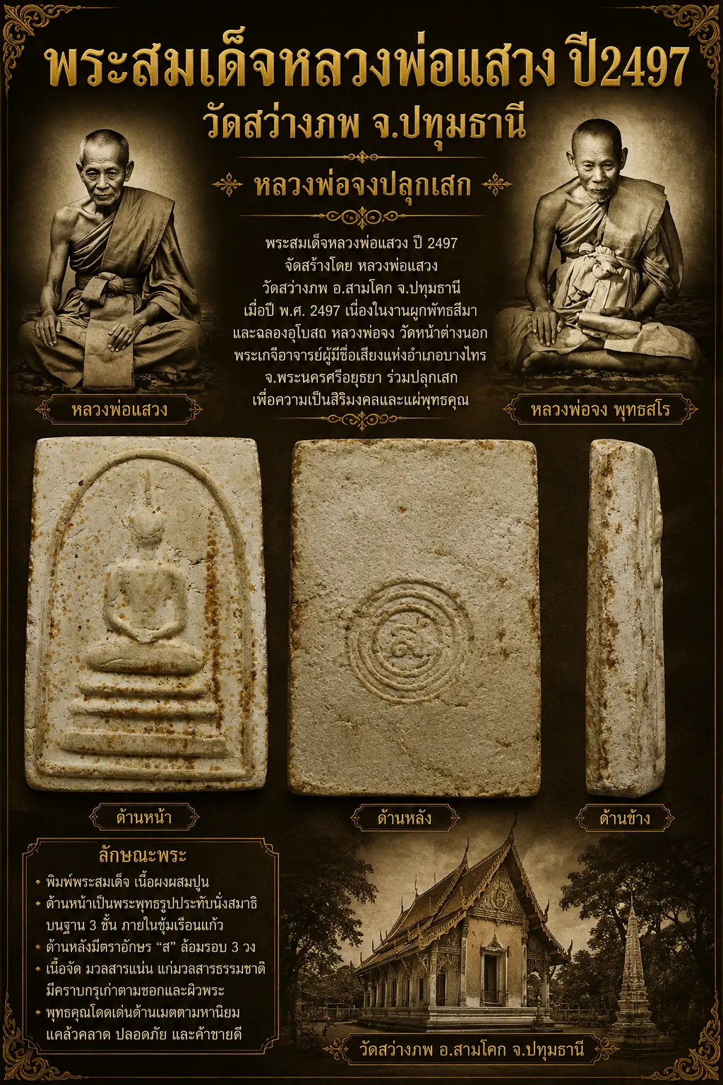 290.- พระสมเด็จ หลวงพ่อแสวง ปี2497 วัดสว่างภพ จ.ปทุมธานี (พิมพ์หลังยันต์ใหญ่) หลวงพ่อจง ปลุกเสก