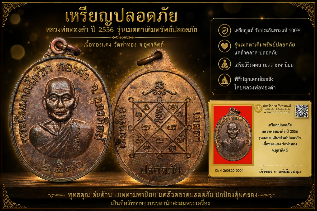 รับประกันพระแท้ เหรียญปลอดภัย หลวงพ่อทองดำ ปี 2536 รุ่นเมตตาเติมทรัพย์ปลอดภัย เนื้อทองแดง วัดท่าทอง จ.อุตรดิตถ์