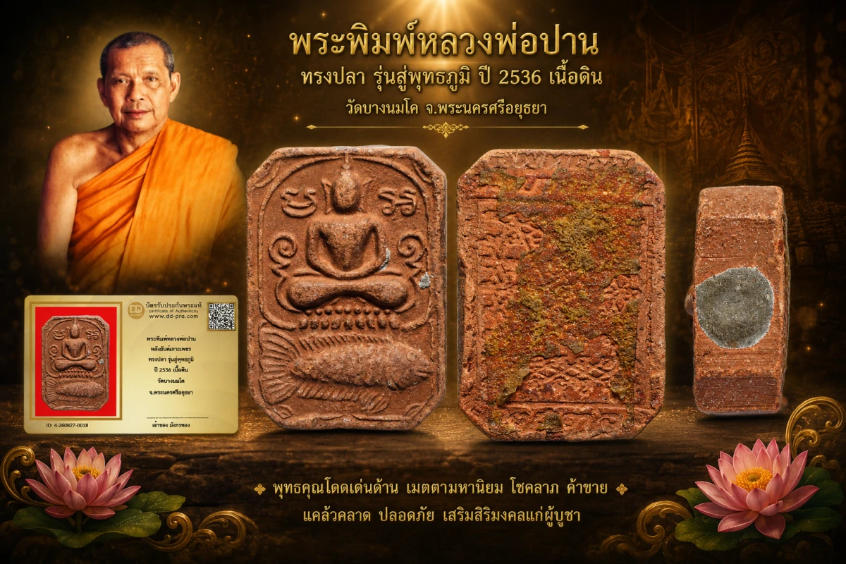 มังกรทองมาแว้ววววววว  พระพิมพ์หลวงพ่อปาน  หลวงพ่อฤาษีลิงดำ   หลังยันต์เกาะเพชร ทรงปลา  รุ่นสู่พุทธภูมิ ปี 2536  เนื้อดิน วัดบางนมโค  จ.พระนครศรีอยุธยา
