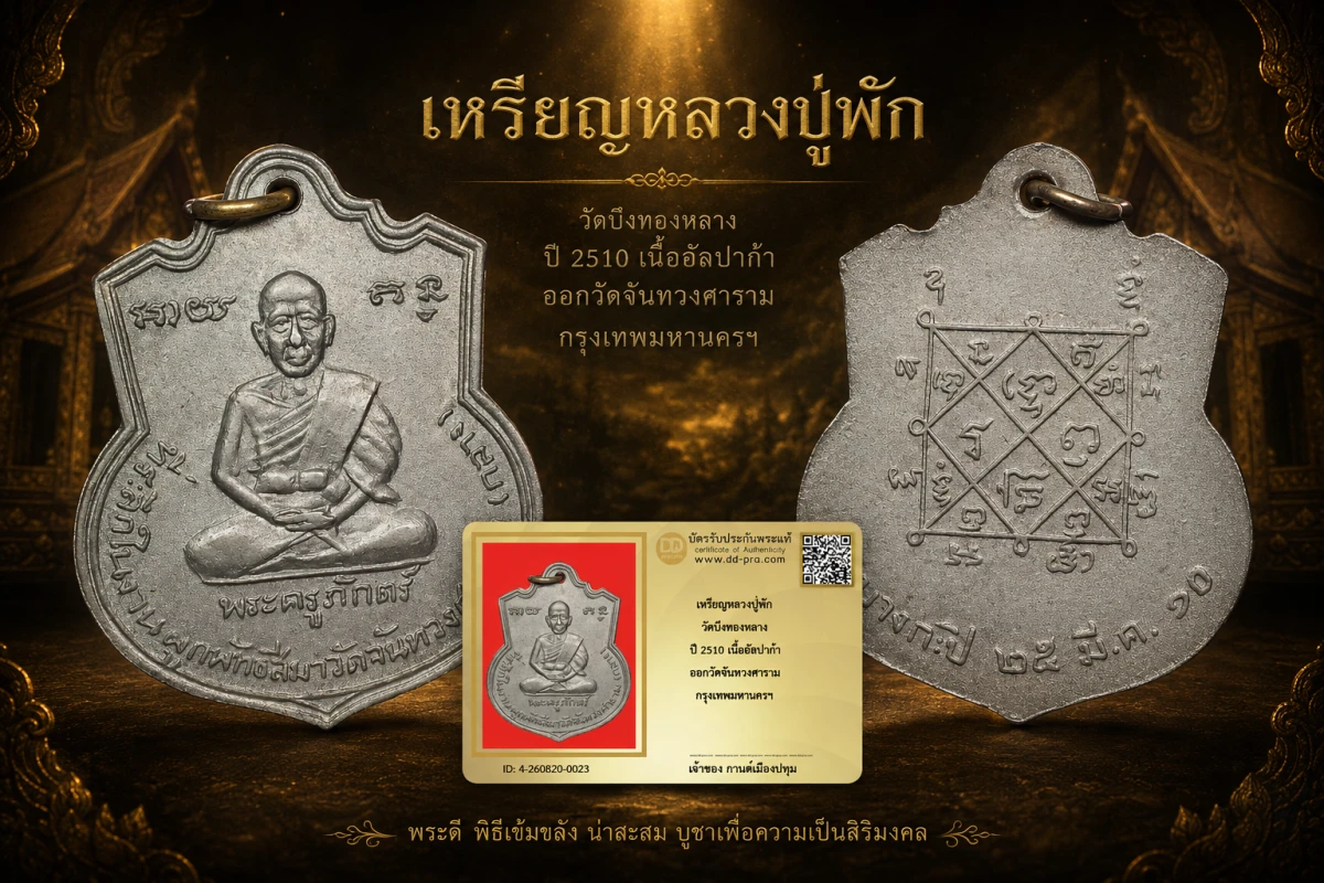 รับประกันพระแท้ เหรียญหลวงปู่พัก วัดบึงทองหลาง ปี 2510 เนื้ออัลปาก้า ออกวัดจันทวงศาราม กรุงเทพมหานครฯ