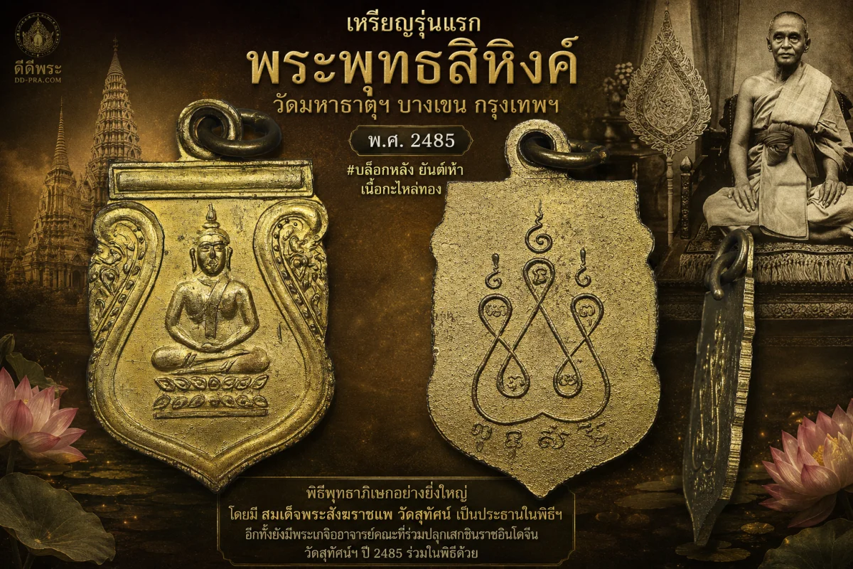 เหรียญรุ่นแรก พระพุทธสิหิงค์ วัดมหาธาตุฯ บางเขน พ.ศ. 2485 •#บล็อกหลังยันต์ห้า•เนื้อกะหลั่ยทอง (มีผู้อัญเชิญเรียบร้อยครับ) พิธีพุทธาภิเษกอย่างยิ่งใหญ่  โดยมี สมเด็จพระสังฆราชแพ วัดสุทัศน์ เป็นประธานในพิธีฯ  อีกทั้งยังมีพระเกจิคณาจารย์คณะที่ร่วมปลุกเสกชินรา