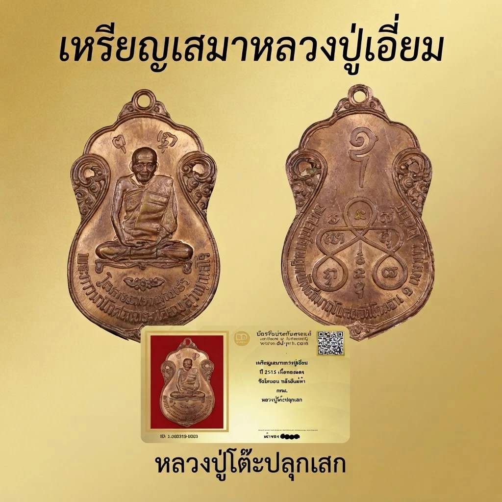 เหรียญเสมาหลวงปู่เอี่ยม ปี 2515 เนื้อทองแดง วัดโคนอน หลังยันต์หา กทม. หลวงปู่โต๊ะปลุกเสก พร้อมบัตรดีดี
