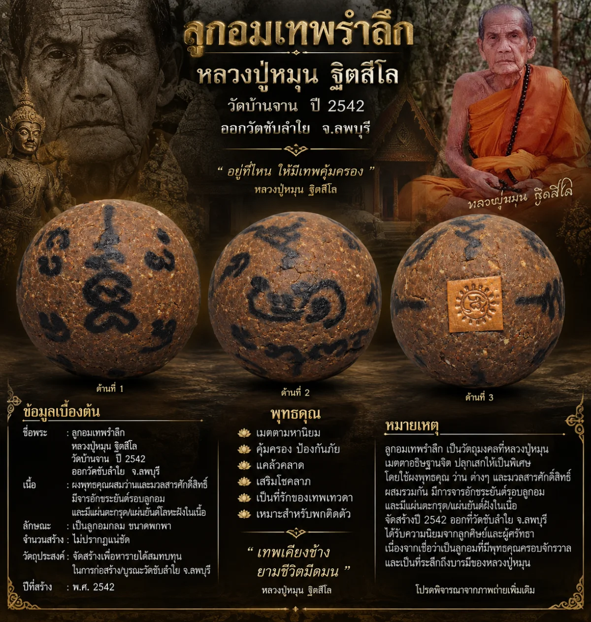 ลูกอมเทพรำลึก หลวงปู่หมุน ฐิตสีโล วัดบ้านจาน เนื้อผงพุทธคุณ ปี 2542 ออกวัดซับลำใย