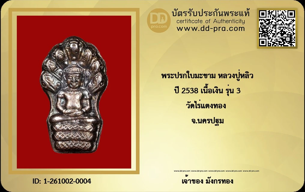 พระนาคปรกรุ่น 3 (อายุ 90 ปี) เนื้อเงิน ปี 2538 หลวงปู่หลิว วัดไร่แตงทอง จ.นครปฐม