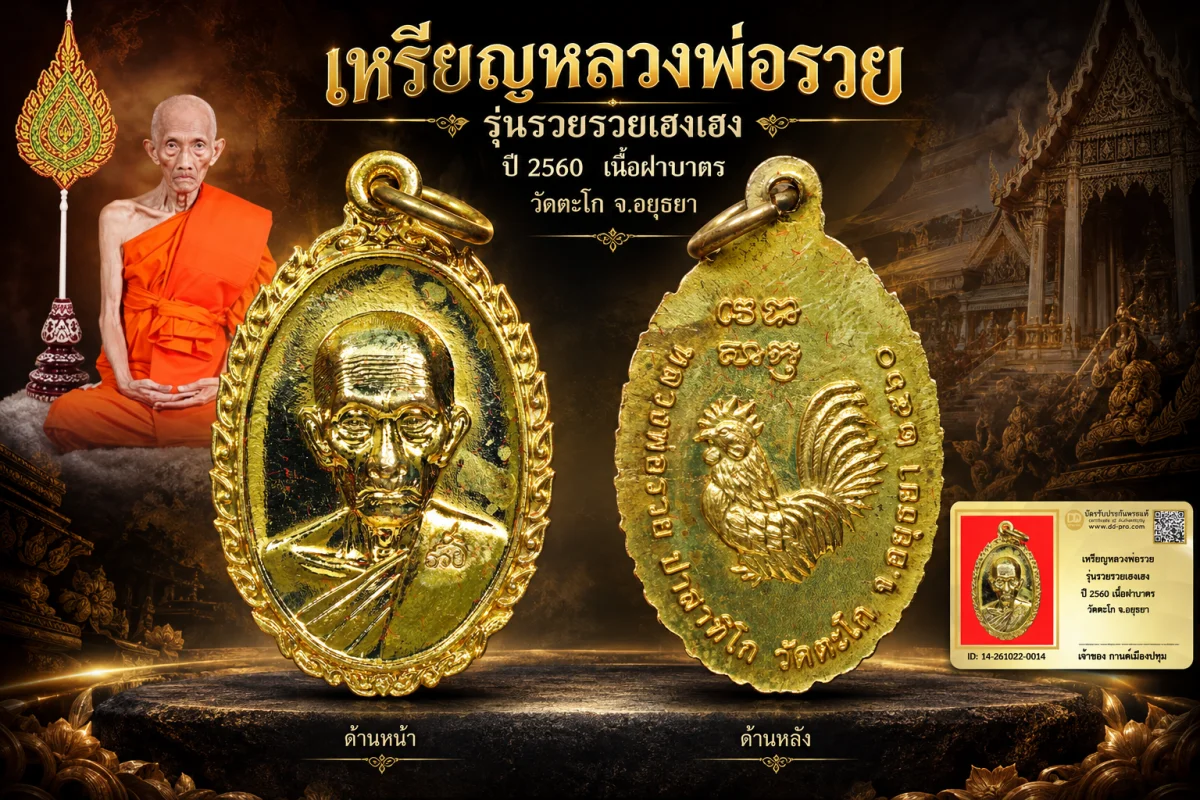 รับประกันพระแท้ !!!! เหรียญหลวงพ่อรวย รุ่นรวยรวยเฮงเฮง ปี 2560 เนื้อฝาบาตร วัดตะโก จ.อยุธยา