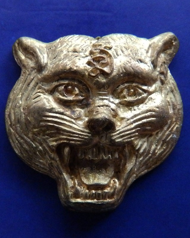 3.หน้ากากเสือหล่อโบราณ เนื้อทองทิพย์ หลวงปู่คำบุ วัดกุดชมภู ตอกโค้ด+เลข พร้อมกล่องเดิม