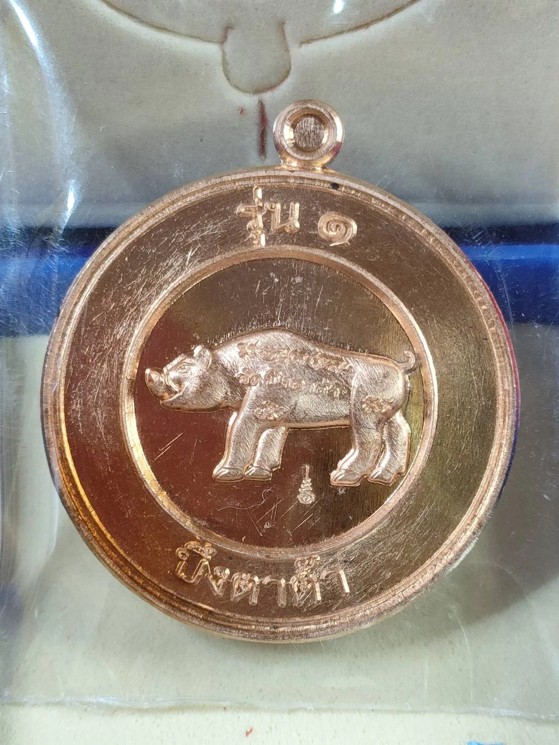 J38-M1 เหรียญพญาหมูรุ่น หลวงพ่อสมคิด วัดบึงตาต้า ที่ระลึกสร้างอนุสรณ์สถานพระเจ้าตากสินมหาราช ปี 2564 เนื้อทองแดง เลข2346 กล่องเดิม
