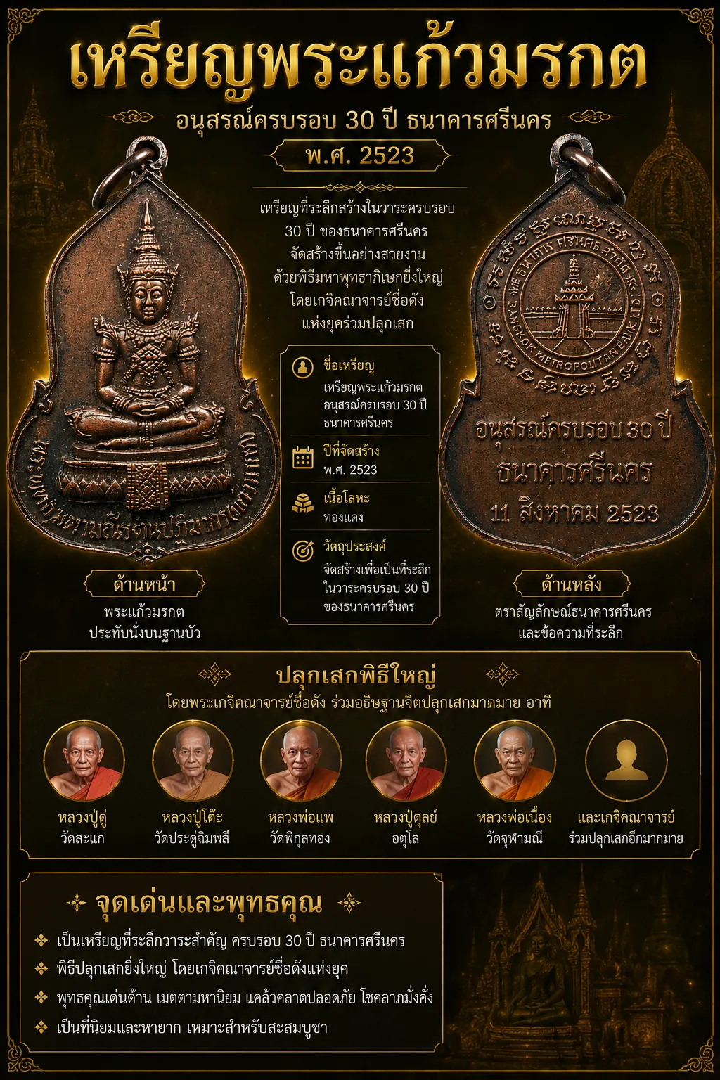 เคาะเดียว.....เหรียญพระแก้วมรกต อนุสรณ์ครบรอบ 30 ปี ธนาคารศรีนคร เนื้อทองแดง ปีพ.ศ.2523 ปลุกเสกพิธีใหญ่ หลวงปู่ดู่ วัดสะแก หลวงปู่โต๊ะ วัดประดู่ฉิมพลี และเกจิคณาจารย์ร่วมปลุกเสกอีกมากมาย