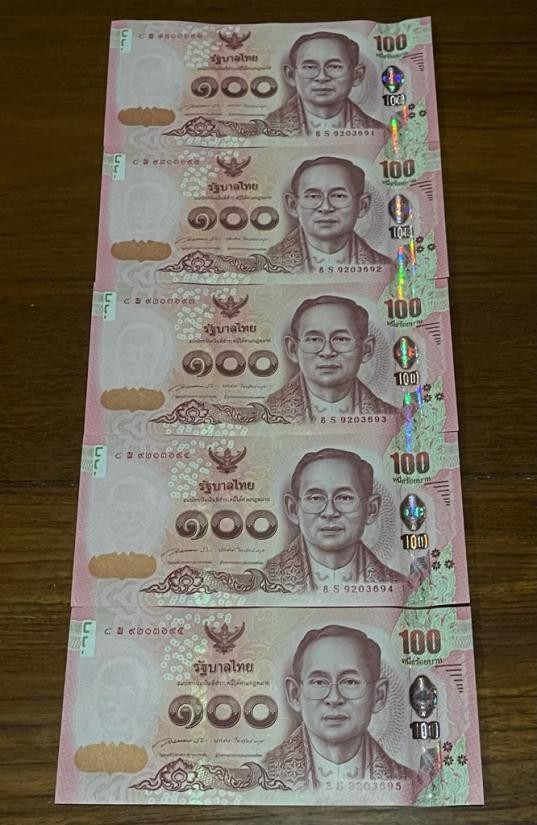1000.- ธนบัตรที่ระลึก 100 บาท 5 ฉบับ ด้านหลังพระเทพฯ เรียงเลข สภาพ unc