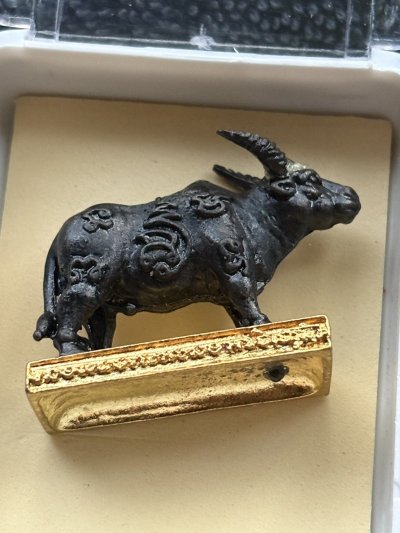 รูปหล่อวัวธนูจอมอาถรรพ์ พระอาจารย์ประสูติ วัดในเตา จังหวัดตรัง องค์ใหญ่เท่าเหรียญสิบ พร้อมกล่อง เดิม