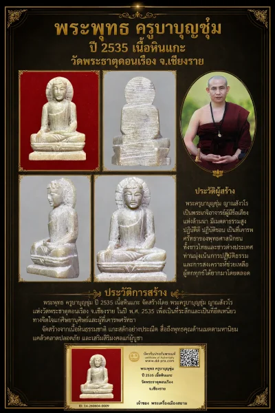+++ เริ่มประมูล พระแท้ๆ 40 ครับ หายากมาก ครับ วัดใจให้ครับ ทุนมาแพง *** ตัวจริงเสียงจริง *** แท้ดูง่ายครับ +++ ข้อมูลตามบัตรรับประกัน +++พระพุทธ ครูบาบุญชุ่ม ปี 2535 เนื้อหินแกะ วัดพระธาตุดอนเรือง จ.เชียงราย