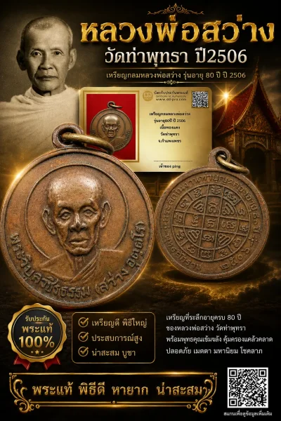 วัดใจ *-* เหรียญหลวงพ่อสว่าง ปี2506 วัดท่าพุทรา รุ่นอายุ80ปี จ.กำแพงเพชร + บัตร