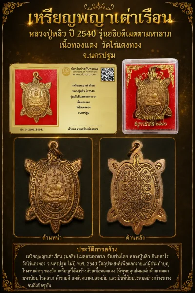 ทุน 1,800 +++ เริ่มประมูล พระแท้ๆ 40 ครับ เหรียญพญาเต่าเรือน หลวงปู่หลิว ปี 2540 รุ่นอธิบดีเมตตามหาลาภ เนื้อทองเเดง วัดไร่แตงทอง จ.นครปฐม หายากมาก ครับ วัดใจให้ครับ ทุนมาแพง *** ตัวจริงเสียงจริง *** แท้ดูง่ายครับ +++ ข้อมูลตามบัตรรับประกัน +++
