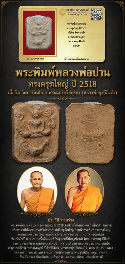 +++ เริ่มประมูล พระแท้ๆ 40 ครับ หายากมาก ครับ วัดใจให้ครับ พระพิมพ์หลวงพ่อปาน ทรงครุฑใหญ่ ปี 2518 เนื้อดิน วัดบางนมโค จ.พระนครศรีอยุธยา (หลวงพ่อฤาษีลิงดำ) ทุนมาแพง *** ตัวจริงเสียงจริง *** แท้ดูง่ายครับ +++ ข้อมูลตามบัตรรับประกัน +++