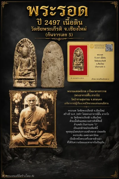+++ เริ่มประมูล พระแท้ๆ 40 ครับ หายากมาก ครับ วัดใจให้ครับ พระรอด ปี 2497 เนื้อดิน วัดชัยพระเกีรติ จ.เชียงใหม่ (ก้นจารเลข 5)  ทุนมาแพง *** ตัวจริงเสียงจริง *** แท้ดูง่ายครับ +++ ข้อมูลตามบัตรรับประกัน +++