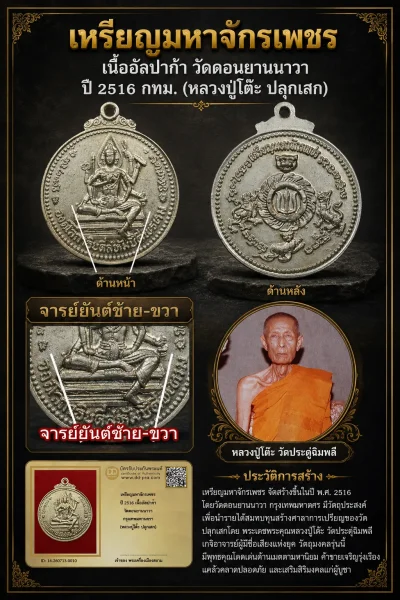 NEW NEW +++ เริ่มประมูล พระแท้ๆ เริ่มที่ 1,000 ครับ หรียญมหาจักรเพชร  เนื้ออัลปาก้า วัดดอนยานนาวา ปี 2516 กทม. (หลวงปู่โต๊ะ ปลุกเสก) หายากมาก ครับ วัดใจให้ครับ ทุนมาแพง *** ตัวจริงเสียงจริง *** แท้ดูง่ายครับ +++ ข้อมูลตามบัตรรับประกัน +++