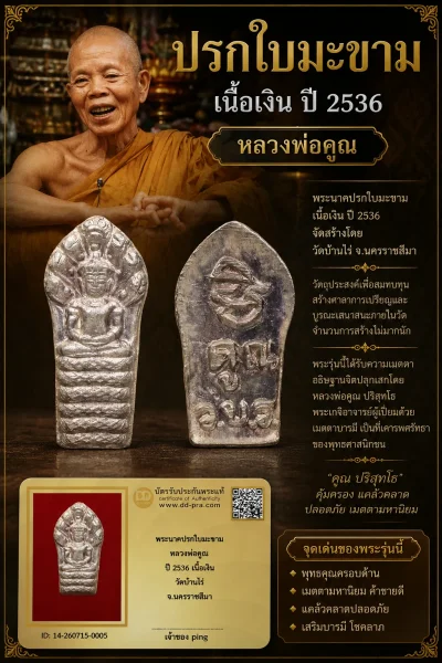 วัดใจ *-* พระปรกใบมะขาม หลวงพ่อคูณ เนื้อเงิน วัดบ้านไร่ พ.ศ. 2536 (กล่องเดิม) มีบัตร