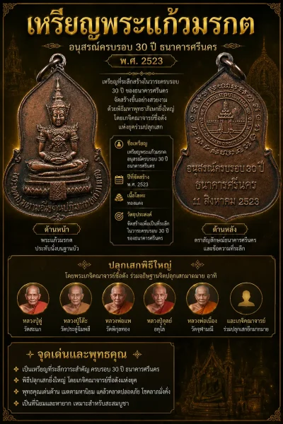 เคาะเดียว.....เหรียญพระแก้วมรกต อนุสรณ์ครบรอบ 30 ปี ธนาคารศรีนคร เนื้อทองแดง ปีพ.ศ.2523 ปลุกเสกพิธีใหญ่ หลวงปู่ดู่ วัดสะแก หลวงปู่โต๊ะ วัดประดู่ฉิมพลี และเกจิคณาจารย์ร่วมปลุกเสกอีกมากมาย