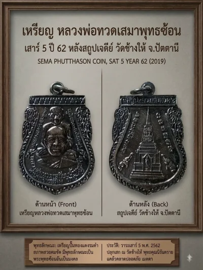 เคาะเดียว.....เหรียญ หลวงพ่อทวดเสมาพุทธซ้อน หลังเจดีย์สถูป เนื้อทองแดงรมดำ เสาร์5 ปี62 วัดช้างให้