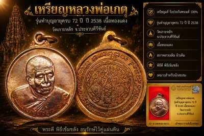 รับประกันพระแท้ เหรียญหลวงพ่อเกตุ รุ่นทำบุญอายุครบ 72 ปี ปี 2538 เนื้อทองแดง วัดเกาะหลัก จ.ประจวบคีรีขันธ์