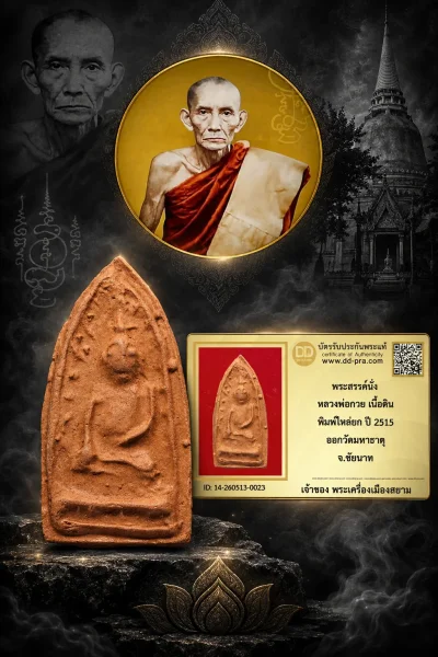 1200.- พระสรรค์นั่ง หลวงพ่อกวย เนื้อดิน พิมพ์ไหล่ยก ปี 2515 ออกวัดมหาธาตุ จ.ชัยนาท