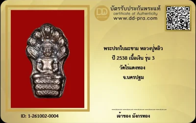 พระนาคปรกรุ่น 3 (อายุ 90 ปี) เนื้อเงิน ปี 2538 หลวงปู่หลิว วัดไร่แตงทอง จ.นครปฐม