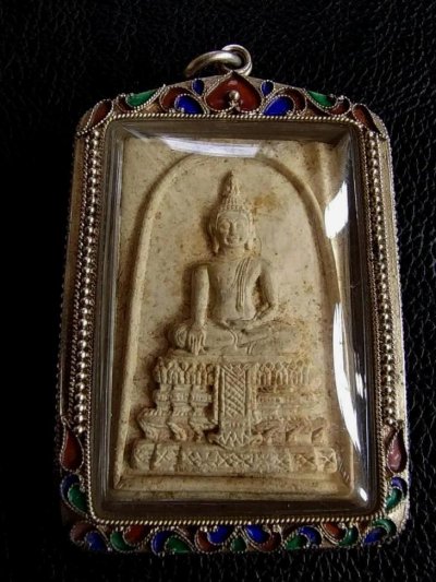 6500.-พระสมเด็จวัดไร่ขิง เนื้อผง ปี15 เลี่ยมเงินลงยาสุโขทัย+สร้อยเงินมือ 2 ลงยาสุโขทัยหนัก 4 บาทกว่า