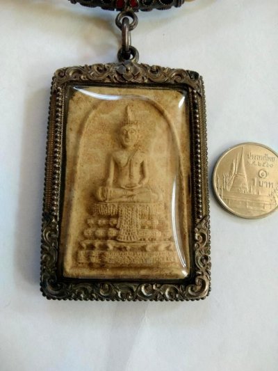 6500.-พระสมเด็จเลี่ยมเงิน+สร้อยกระดูกงาช้างข้อกลางเงินลงยา